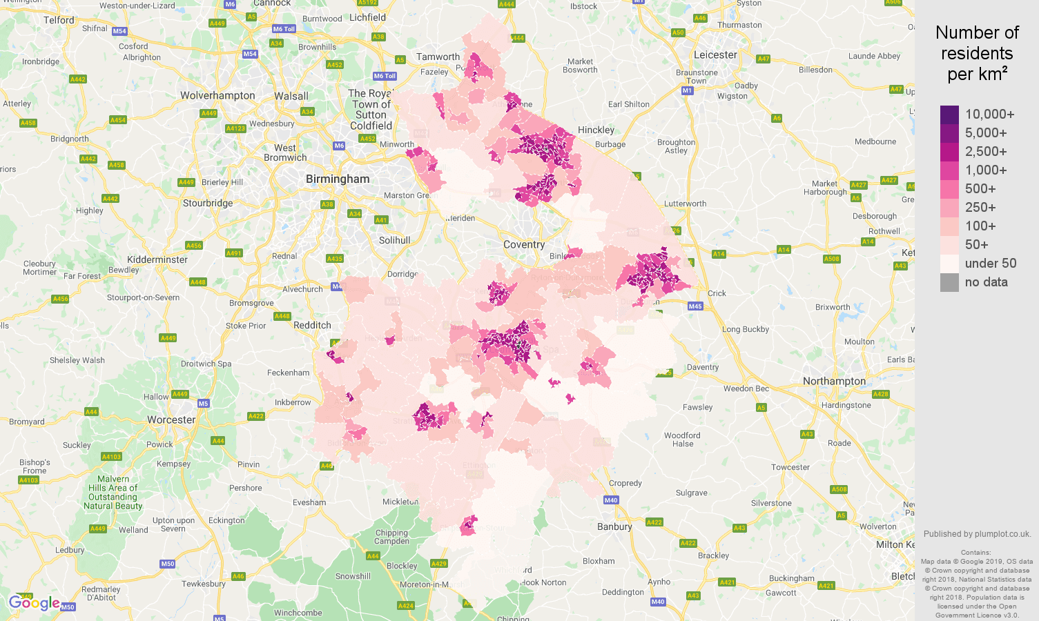 Warwickshire population density map
