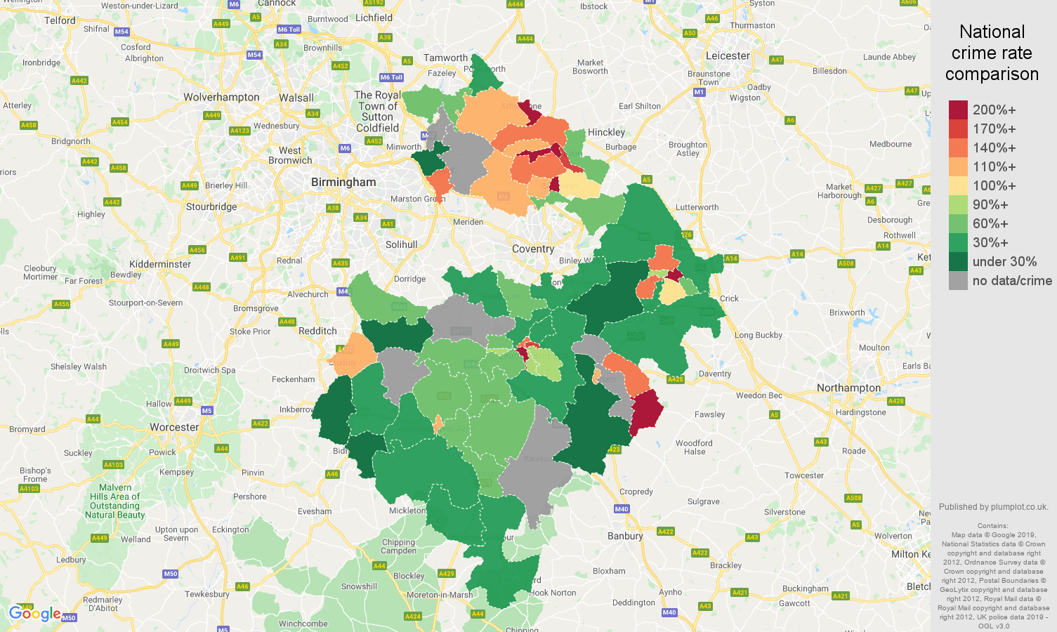 Warwickshire possession of weapons crime rate comparison map