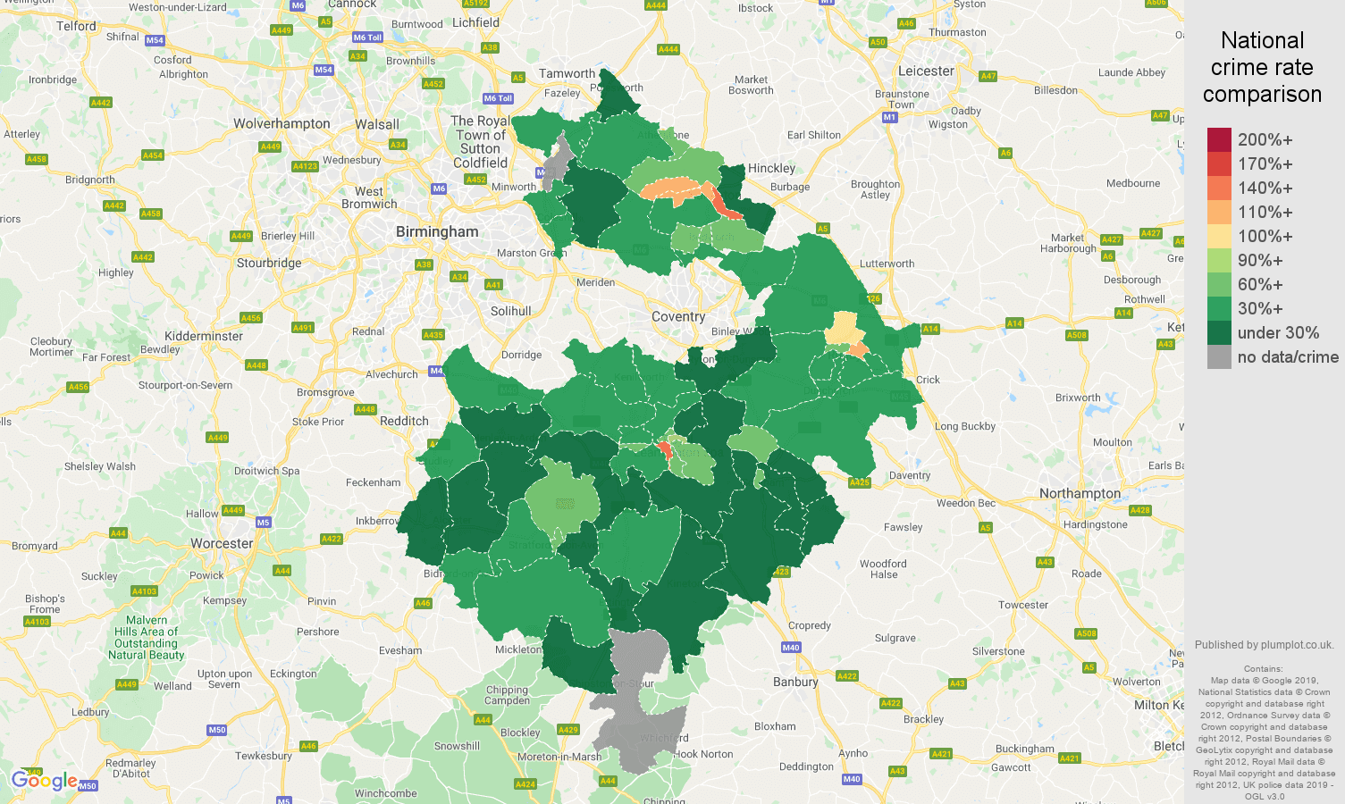 Warwickshire public order crime rate comparison map