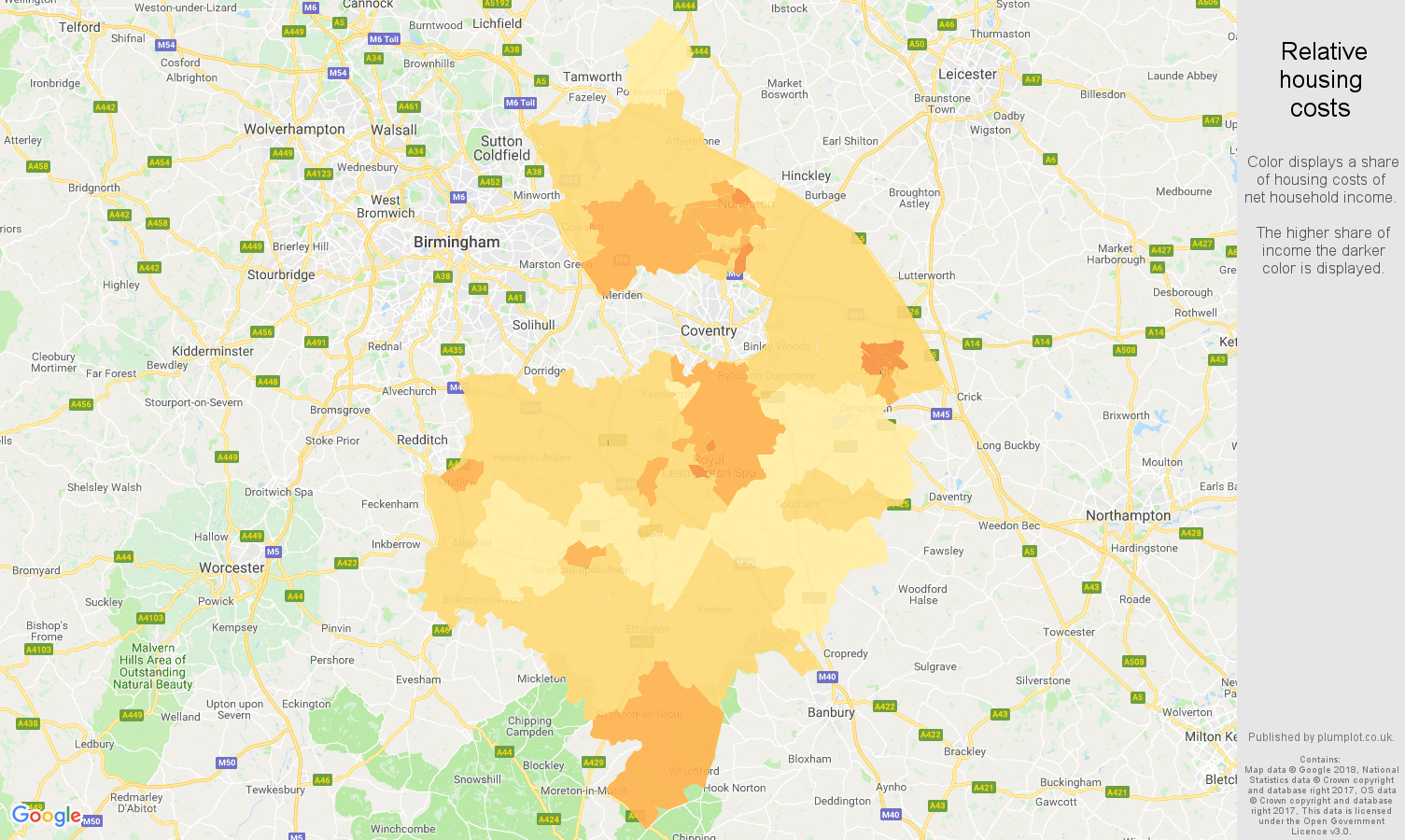 Warwickshire relative housing costs map