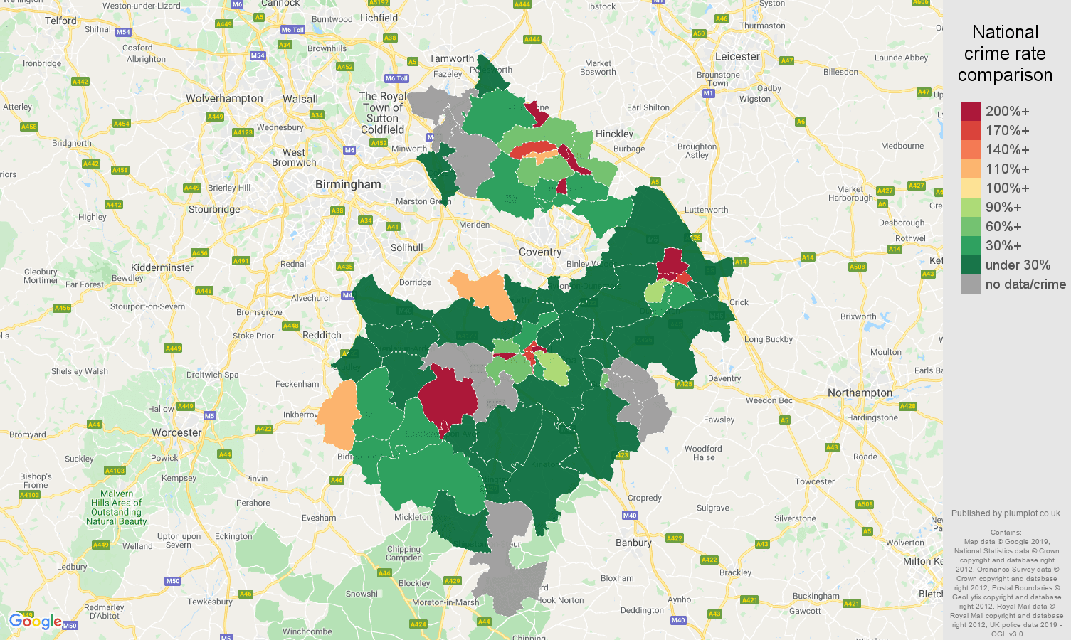 Warwickshire shoplifting crime rate comparison map