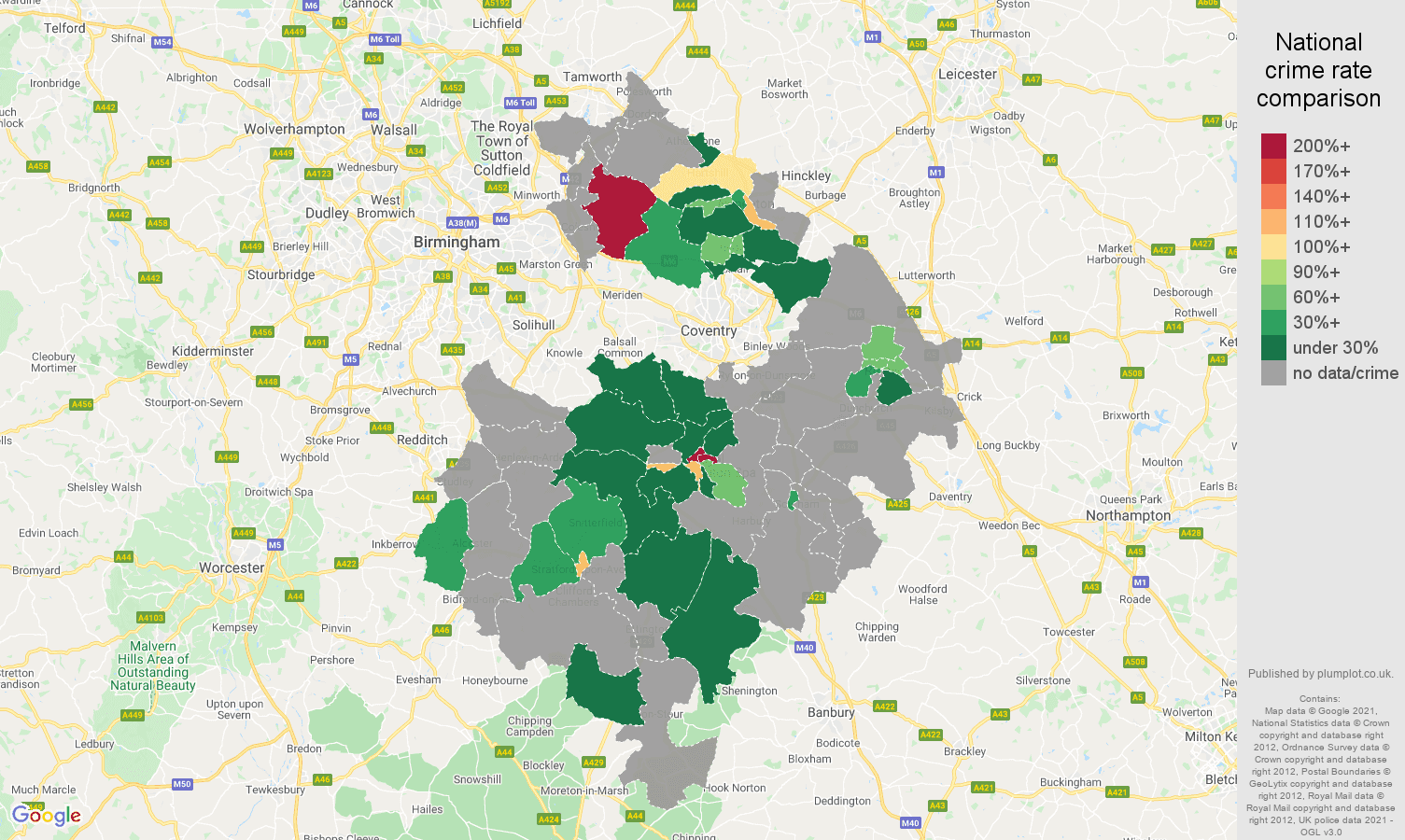 Warwickshire theft from the person crime rate comparison map