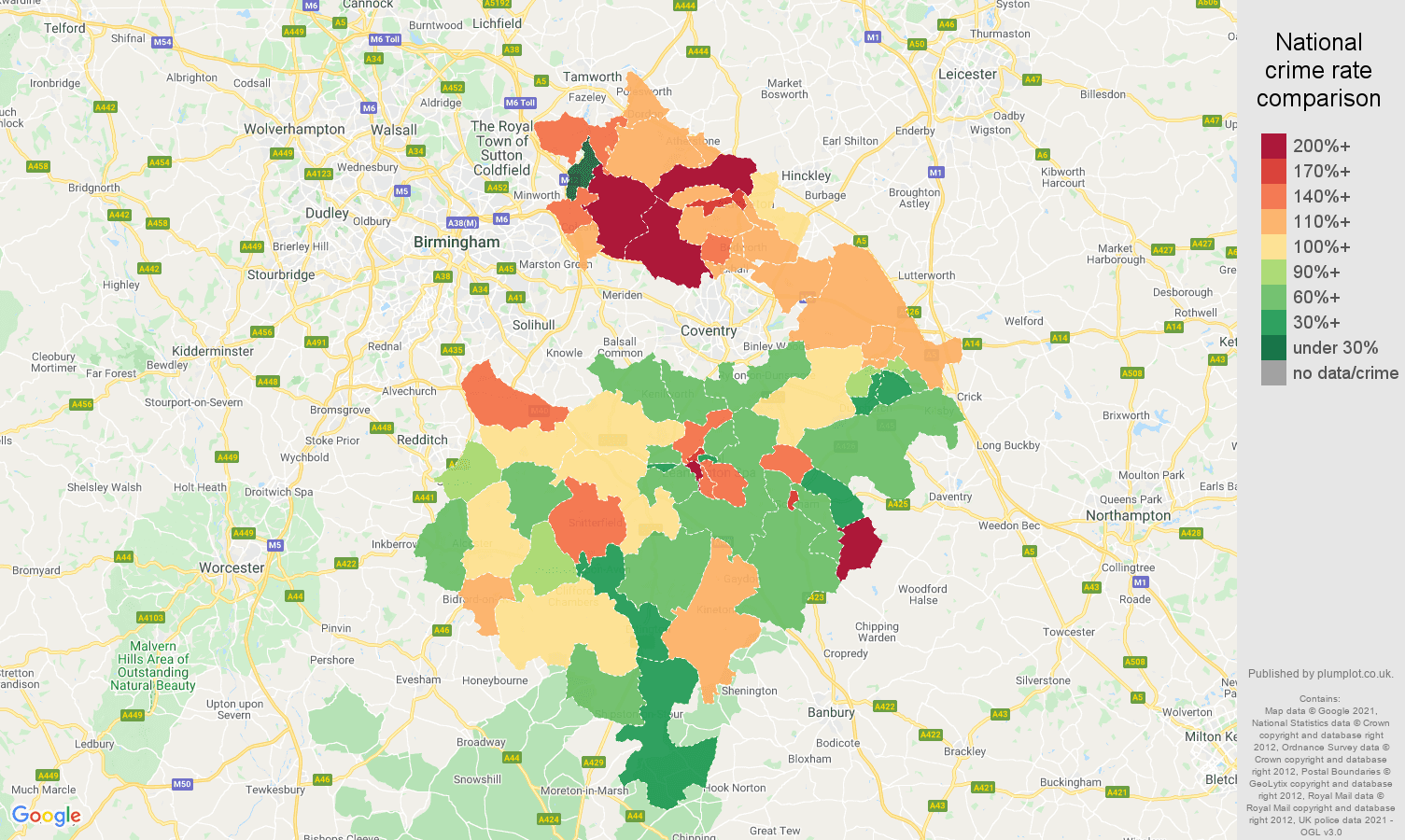 Warwickshire vehicle crime rate comparison map