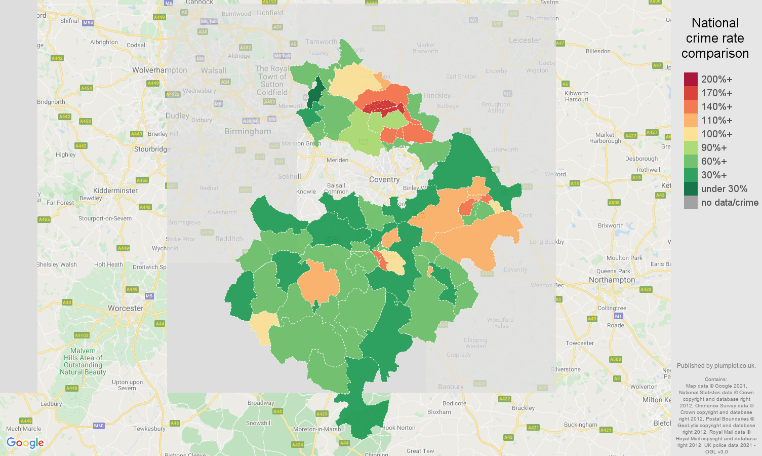 Warwickshire violent crime rate comparison map