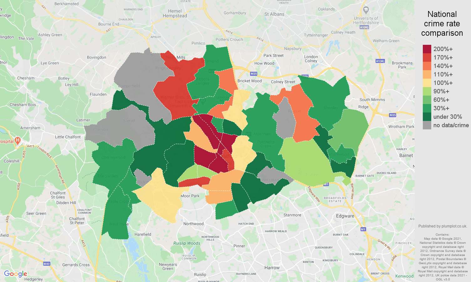 Watford bicycle theft crime rate comparison map