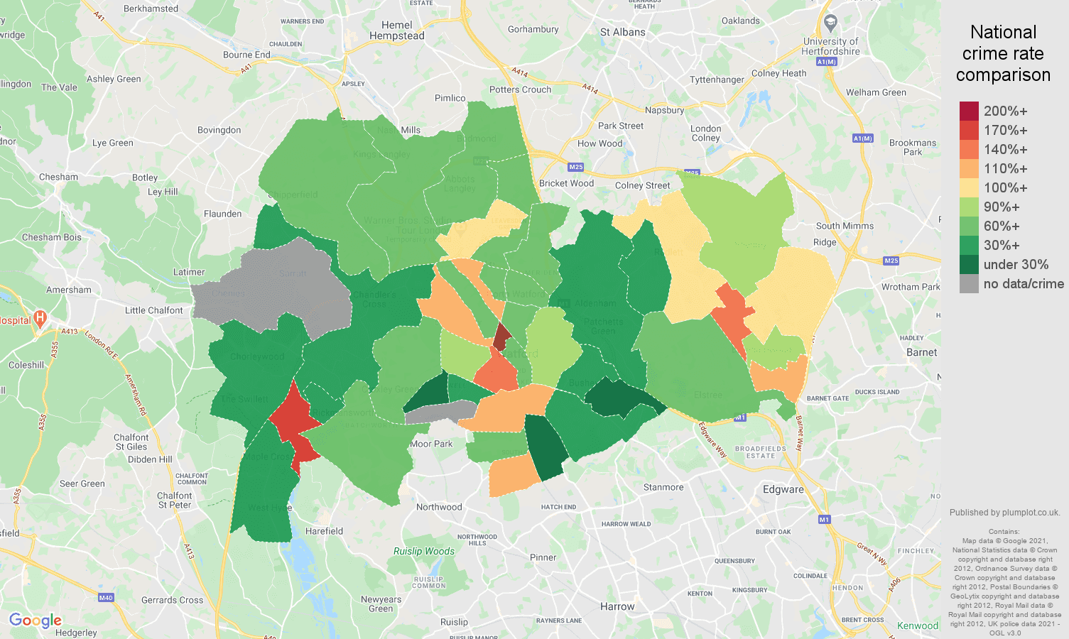 Watford drugs crime rate comparison map