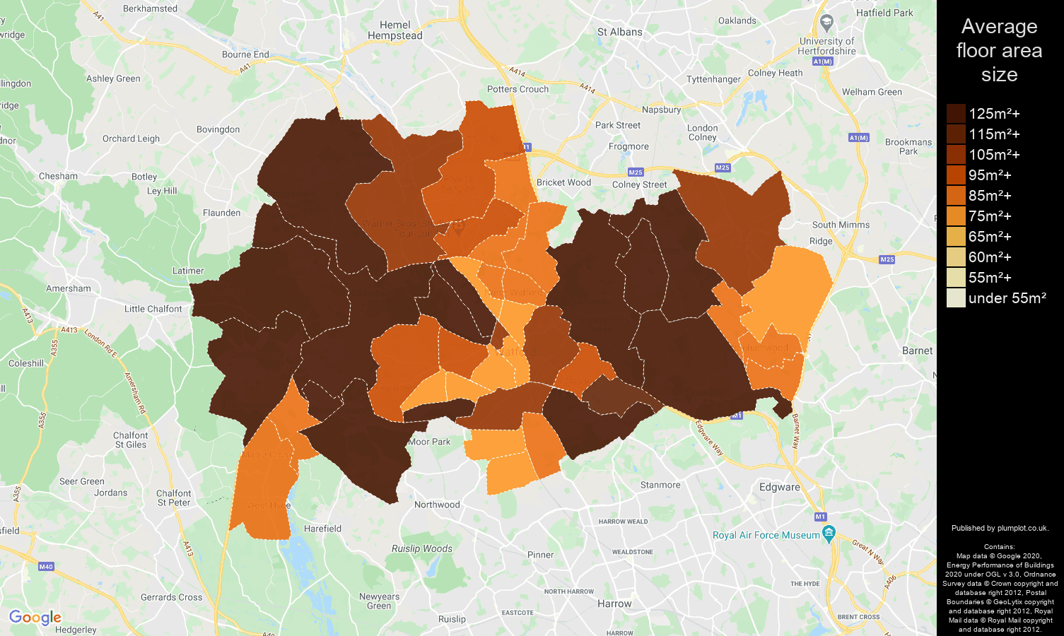 Watford map of average floor area size of houses