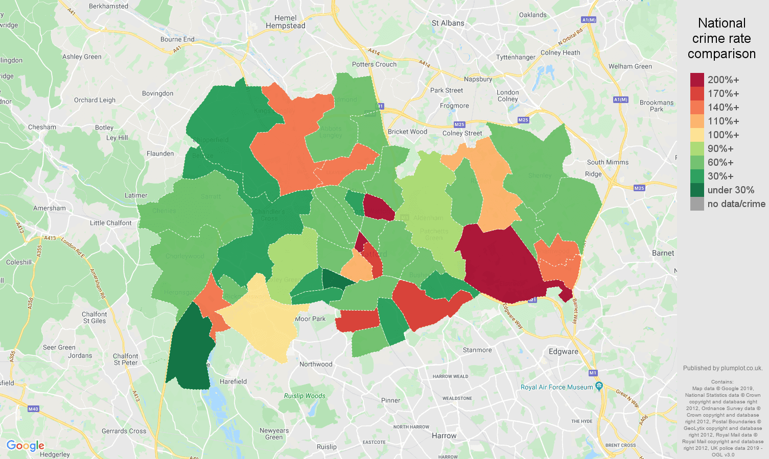 Watford other theft crime rate comparison map
