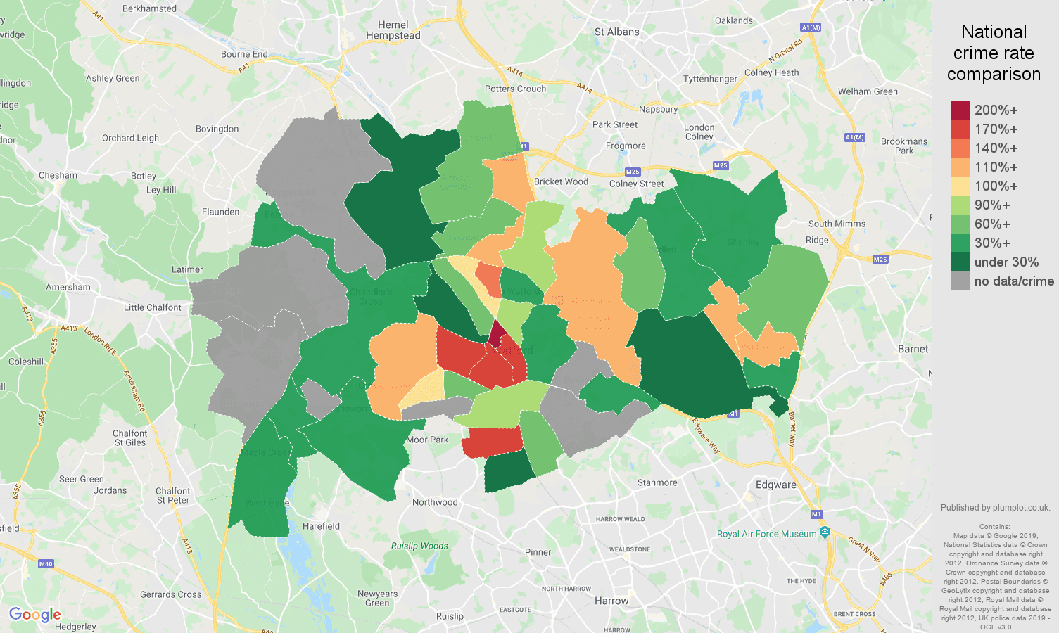 Watford possession of weapons crime rate comparison map