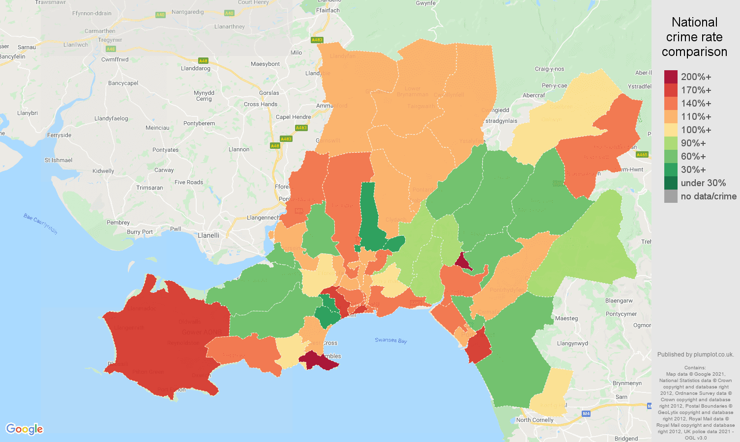 West Glamorgan antisocial behaviour crime rate comparison map