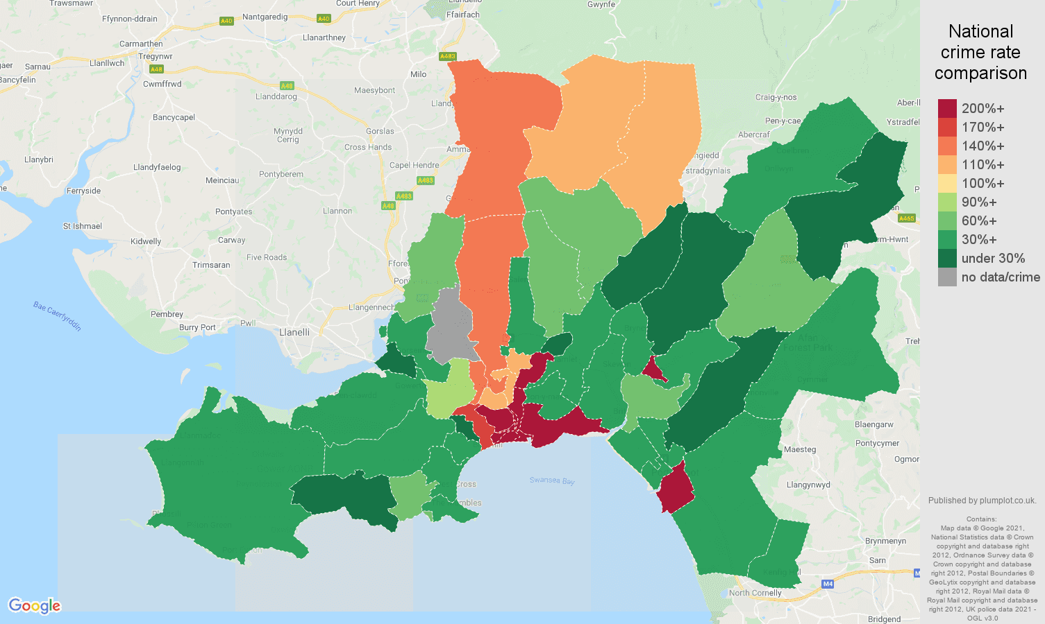 West Glamorgan drugs crime rate comparison map