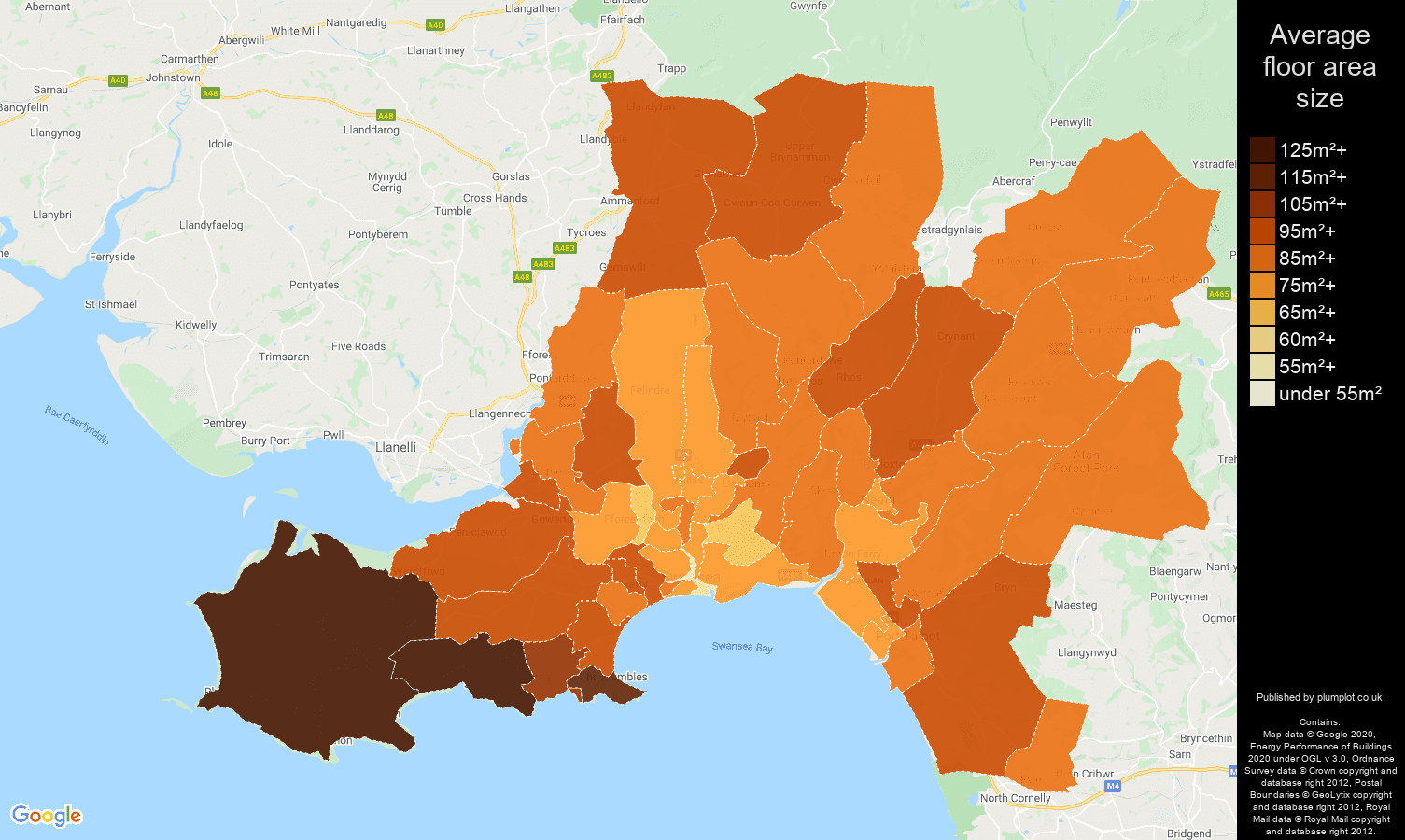 West Glamorgan map of average floor area size of properties