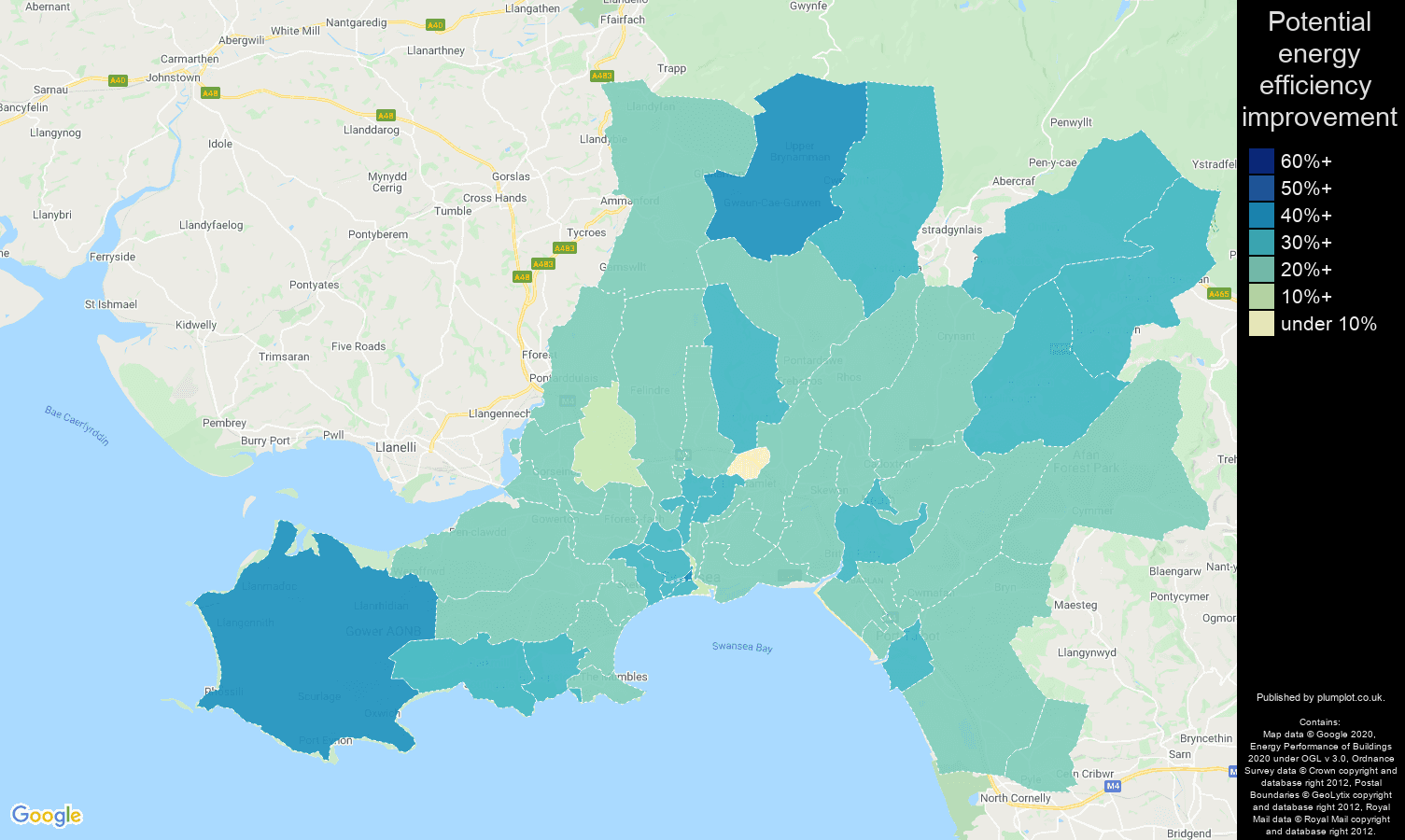 West Glamorgan map of potential energy efficiency improvement of houses