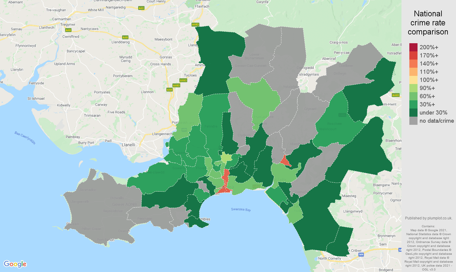 West Glamorgan theft from the person crime rate comparison map