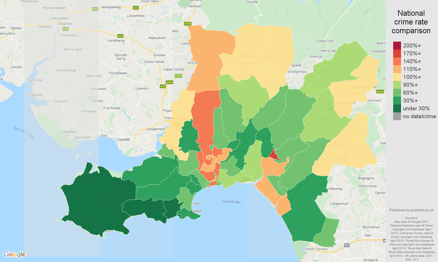 West Glamorgan violent crime rate comparison map