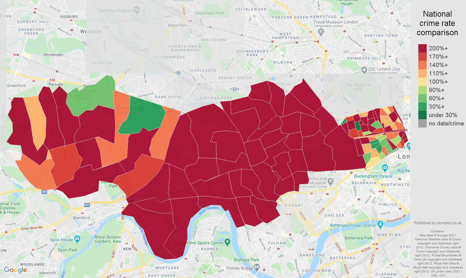 West London bicycle theft crime rate comparison map