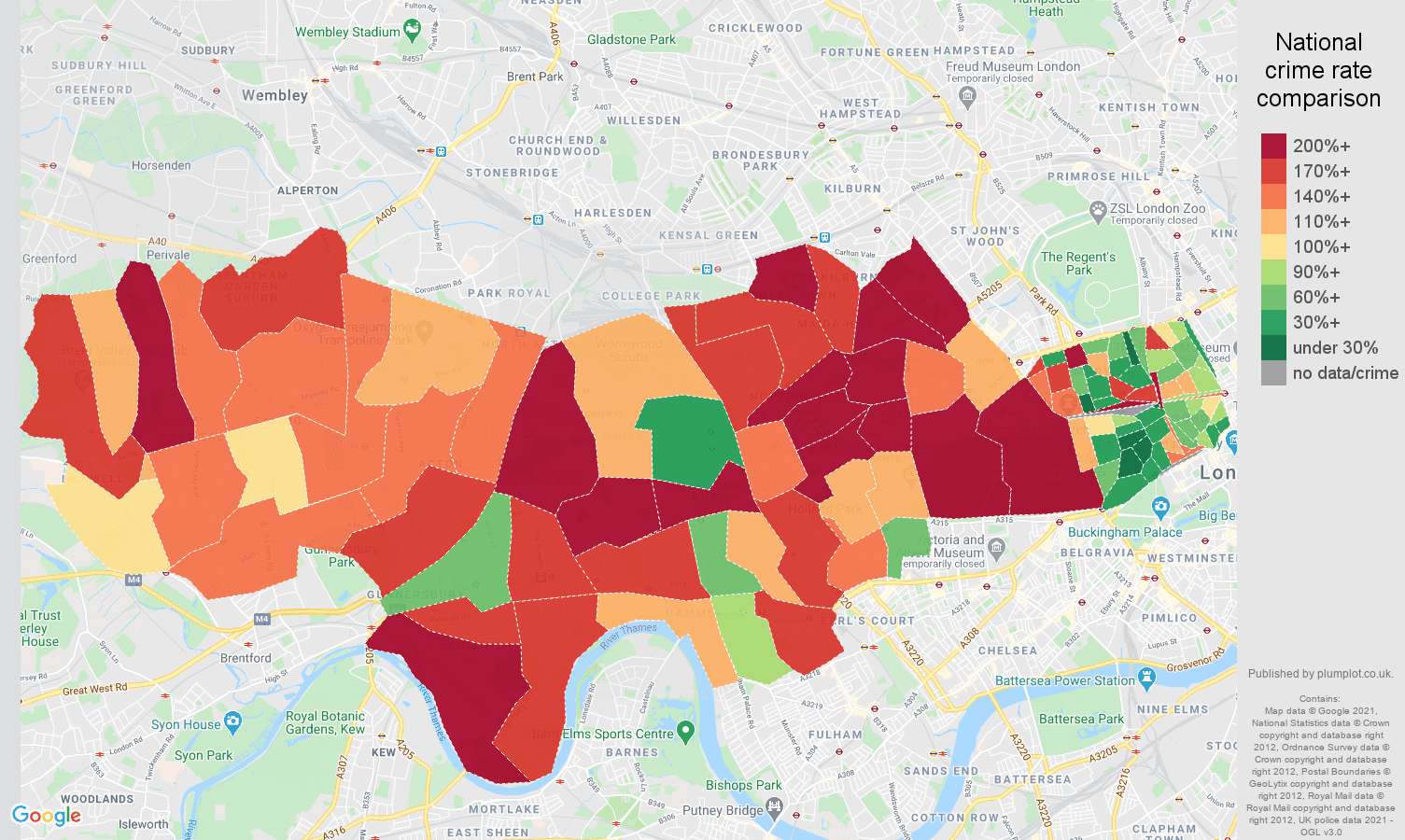 West London burglary crime rate comparison map