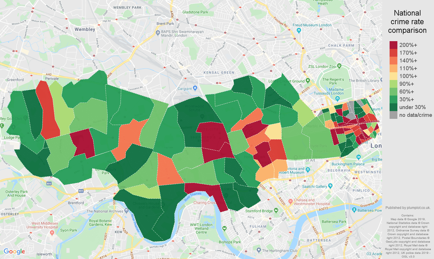 West London shoplifting crime rate comparison map