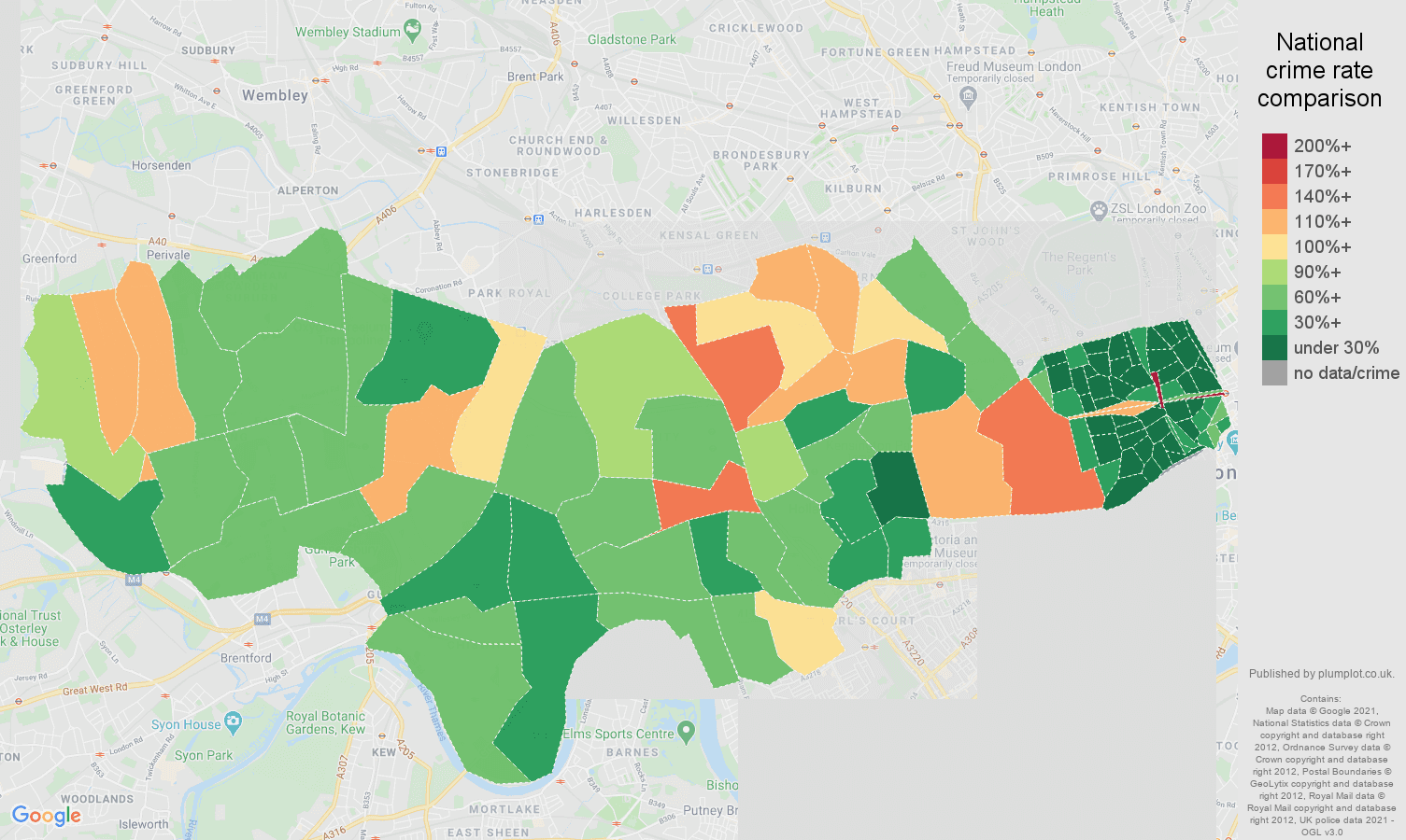 West London violent crime rate comparison map