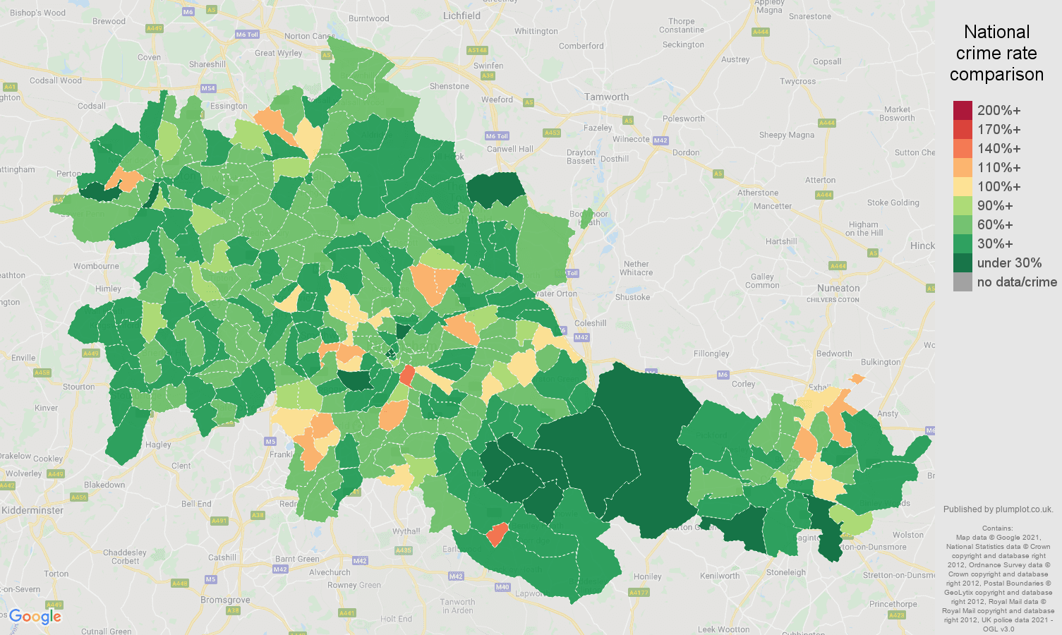 West Midlands county antisocial behaviour crime rate comparison map