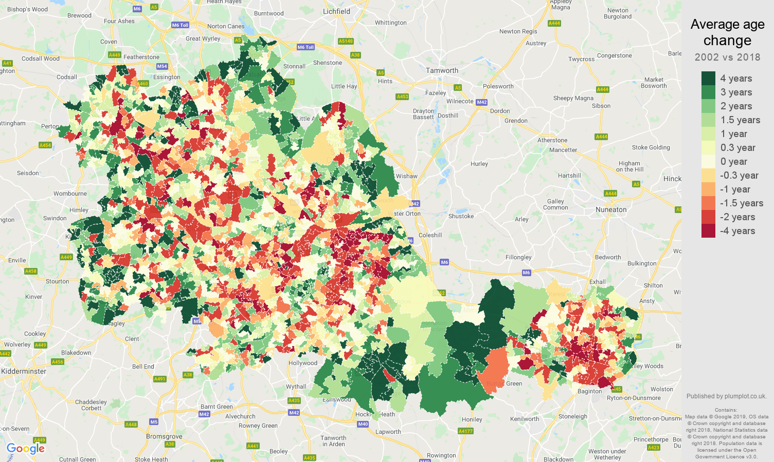West Midlands county average age change map