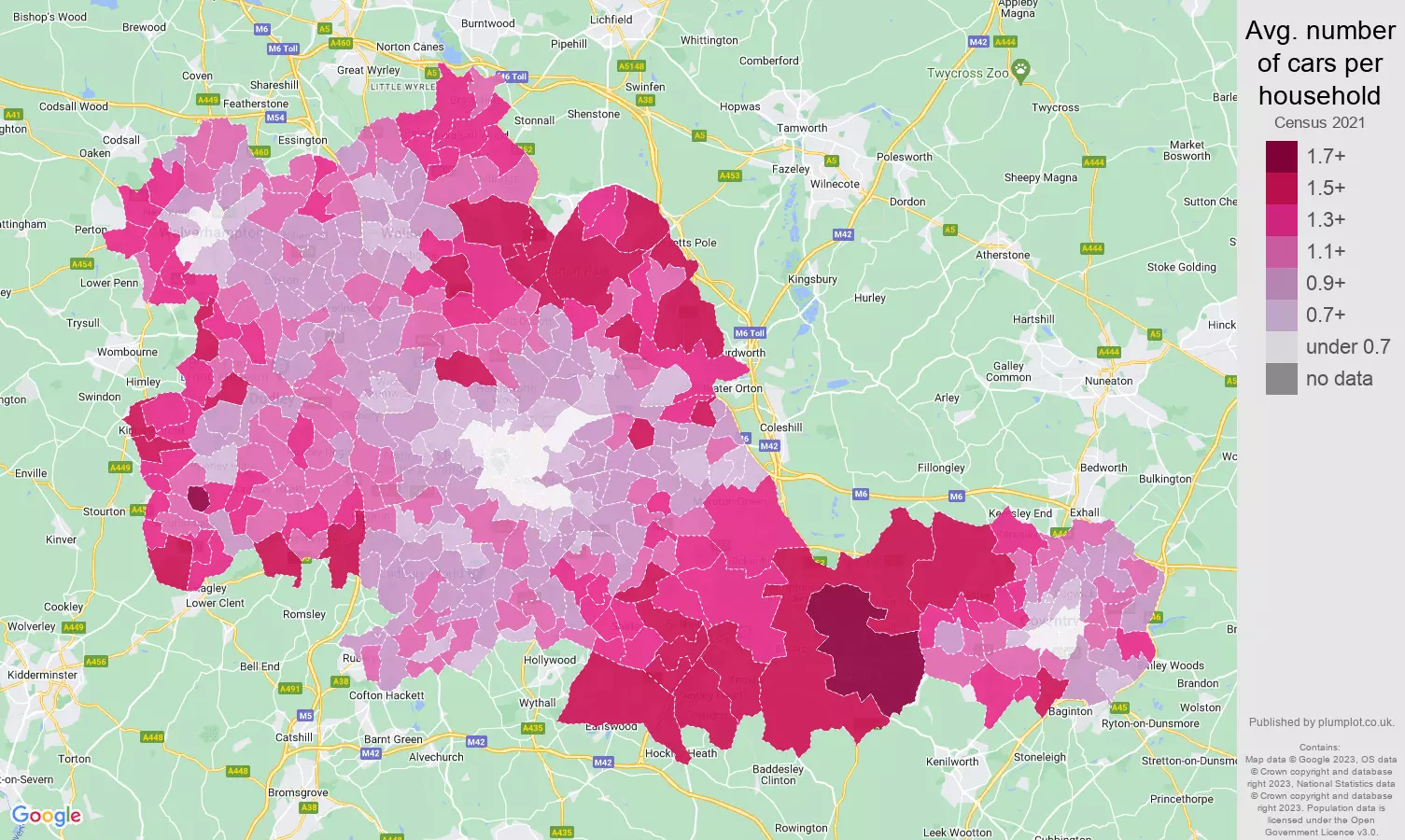 West Midlands county cars per household map