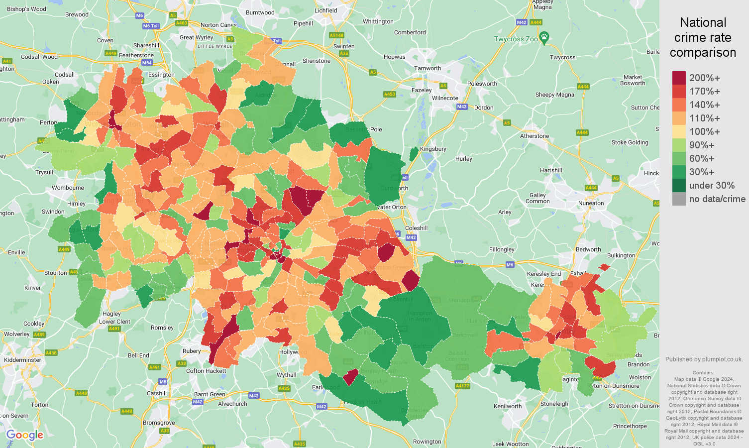 West Midlands county crime rate comparison map