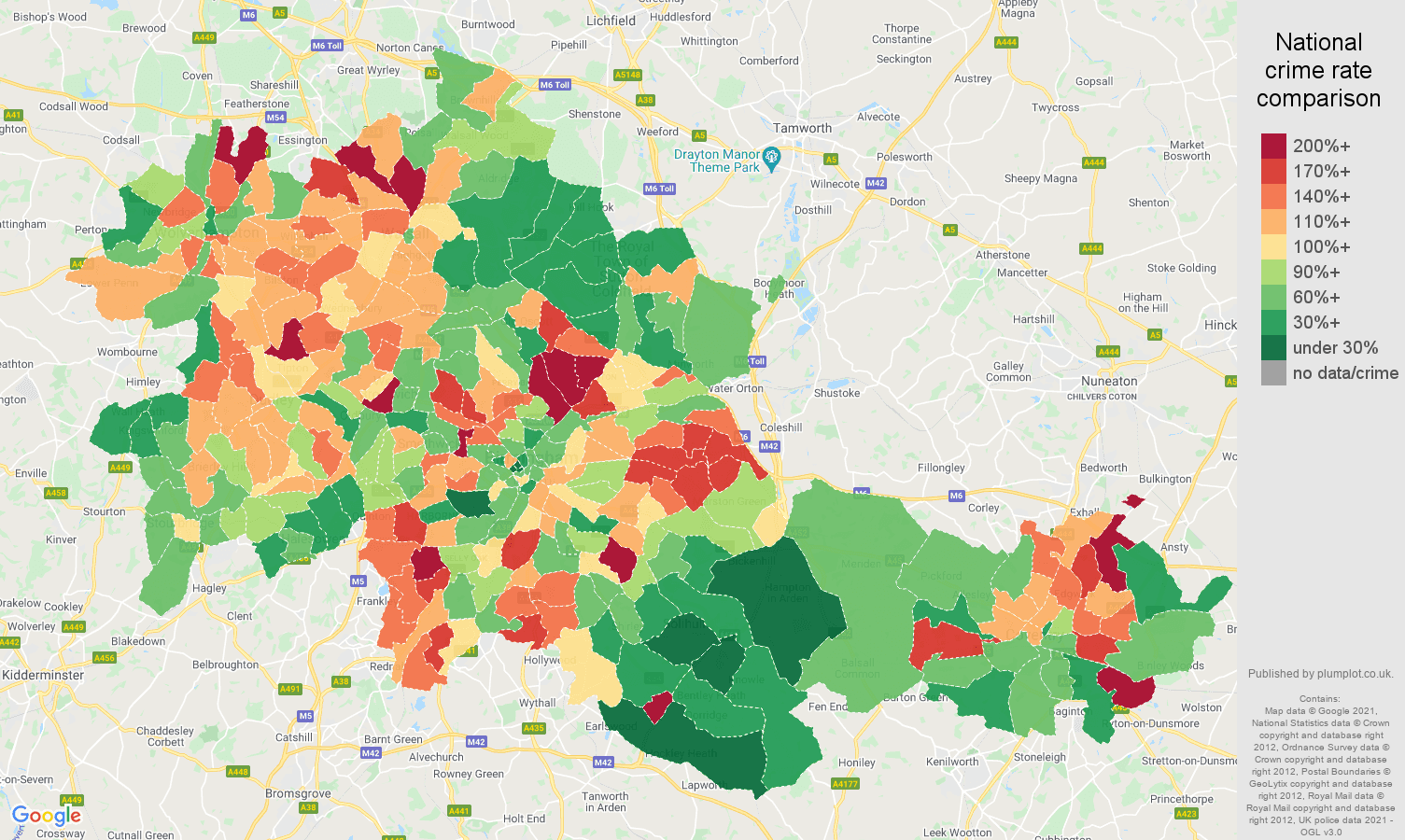 West Midlands county criminal damage and arson crime rate comparison map