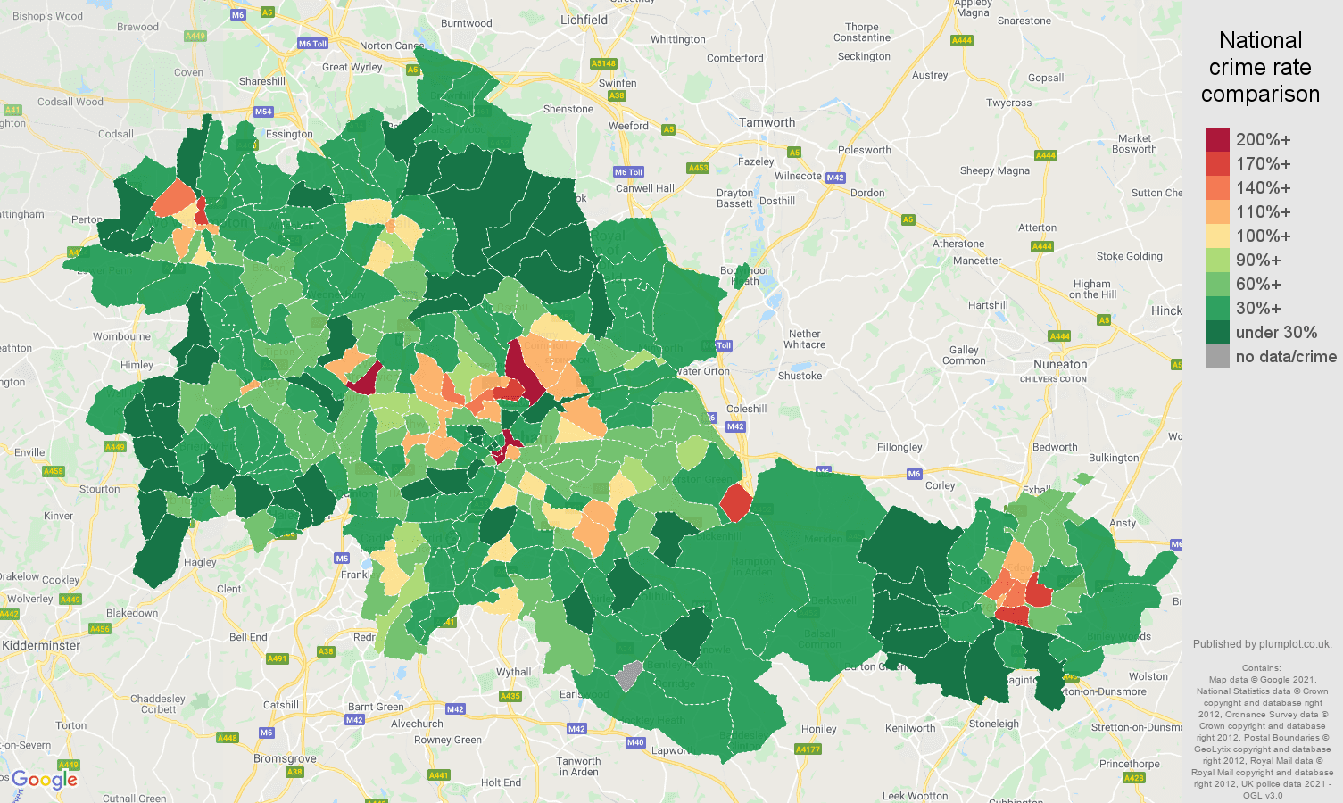 West Midlands county drugs crime rate comparison map