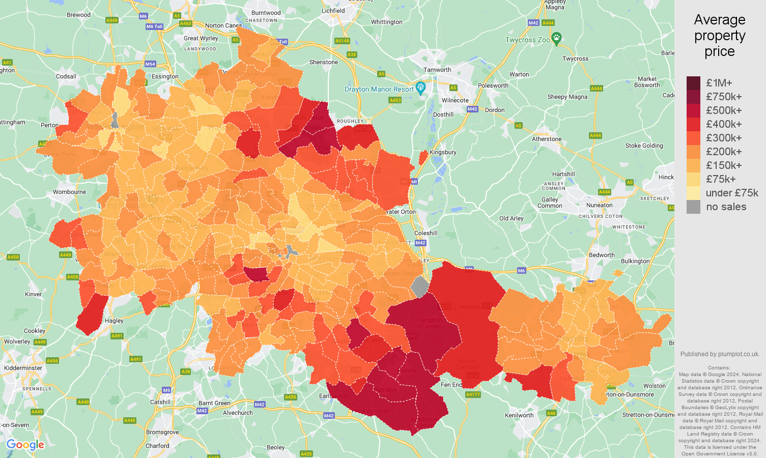 West Midlands county house prices map