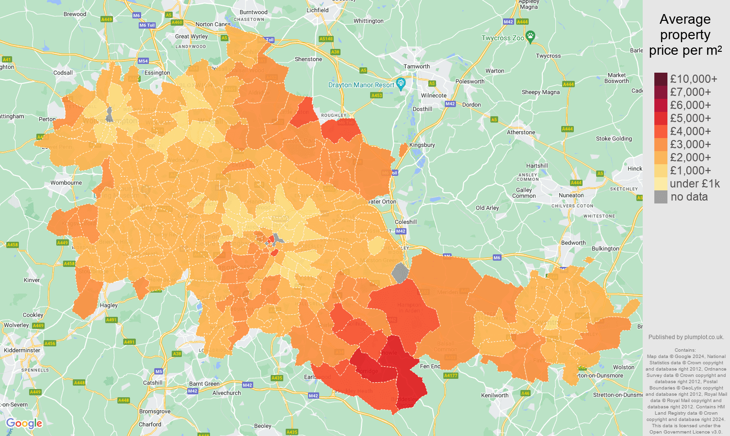 West Midlands county house prices per square metre map