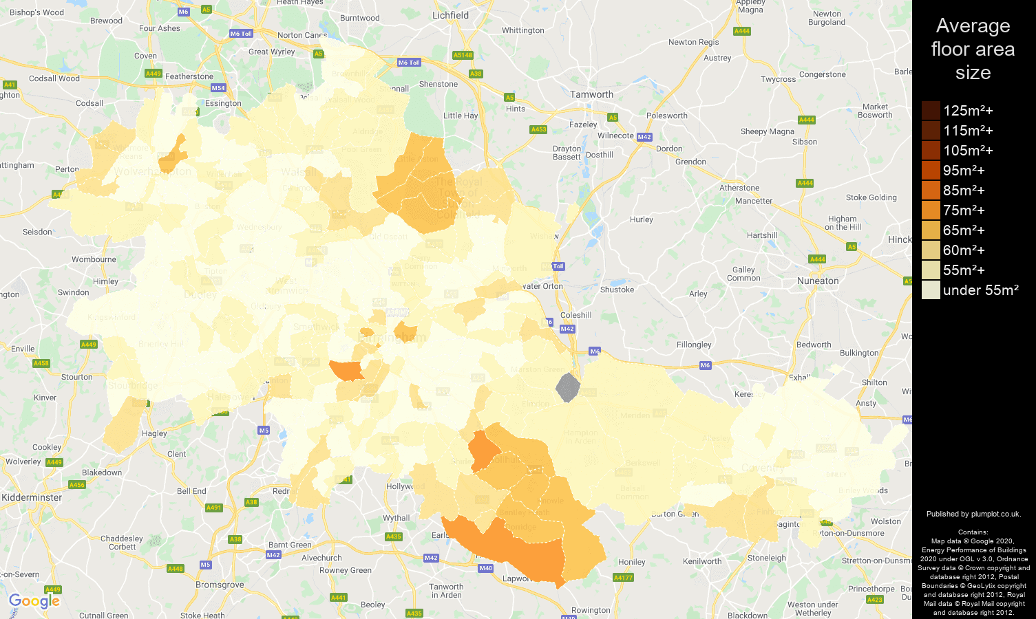 West Midlands county map of average floor area size of flats