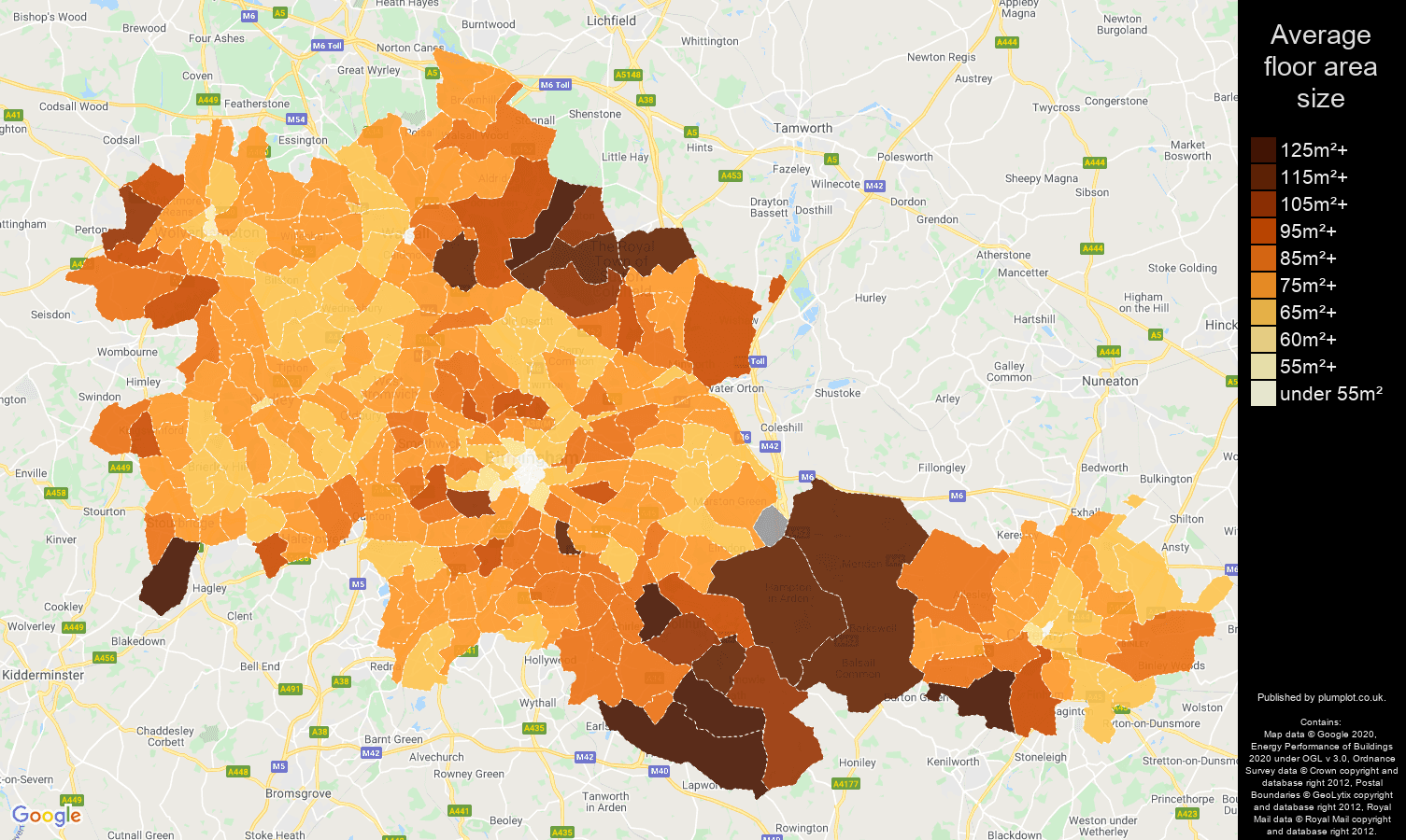 West Midlands county map of average floor area size of properties