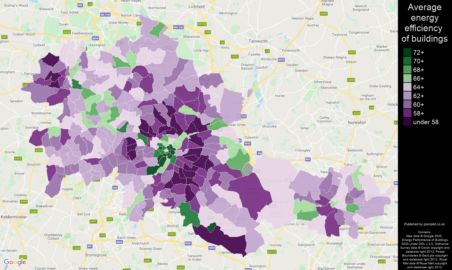 West Midlands county map of energy efficiency of properties