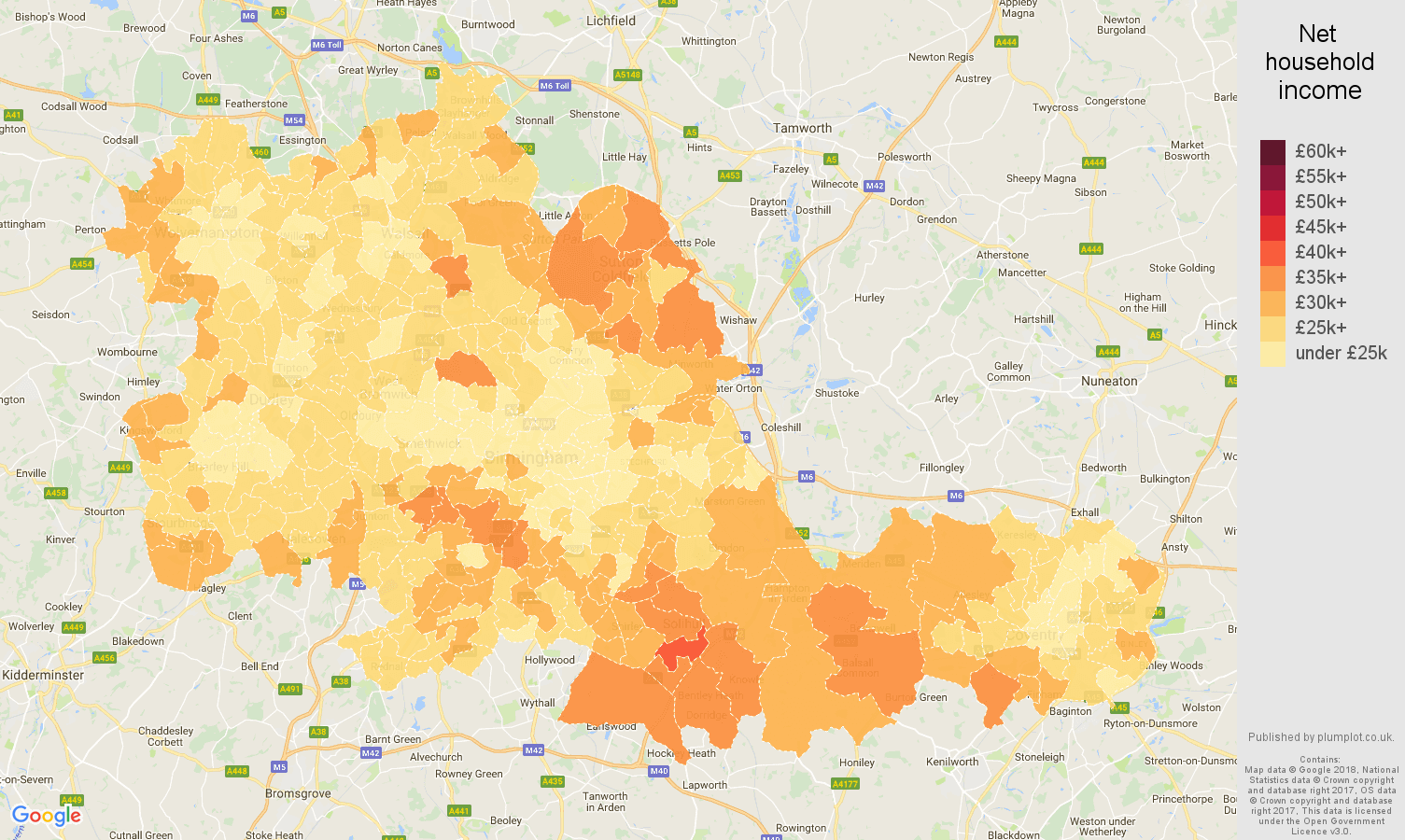 West Midlands county net household income map