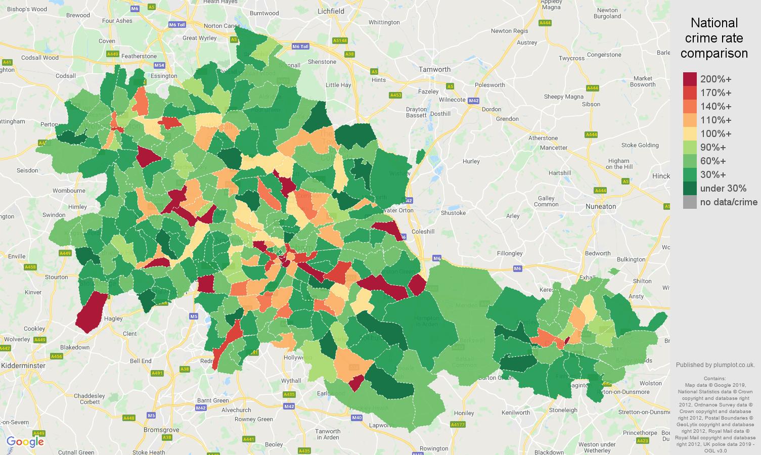 West Midlands county other theft crime rate comparison map