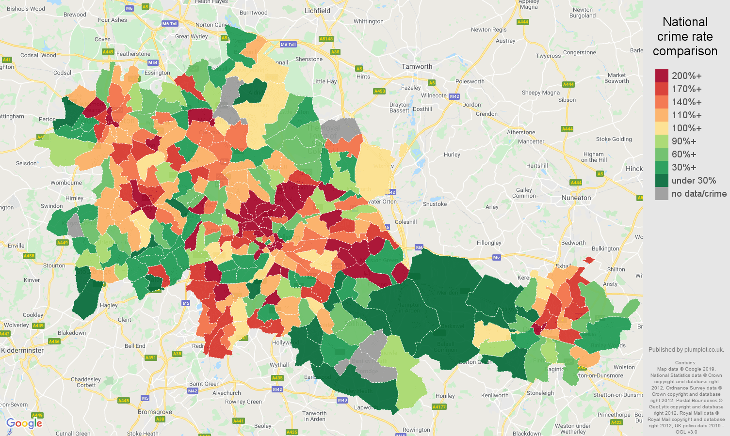 West Midlands county possession of weapons crime rate comparison map