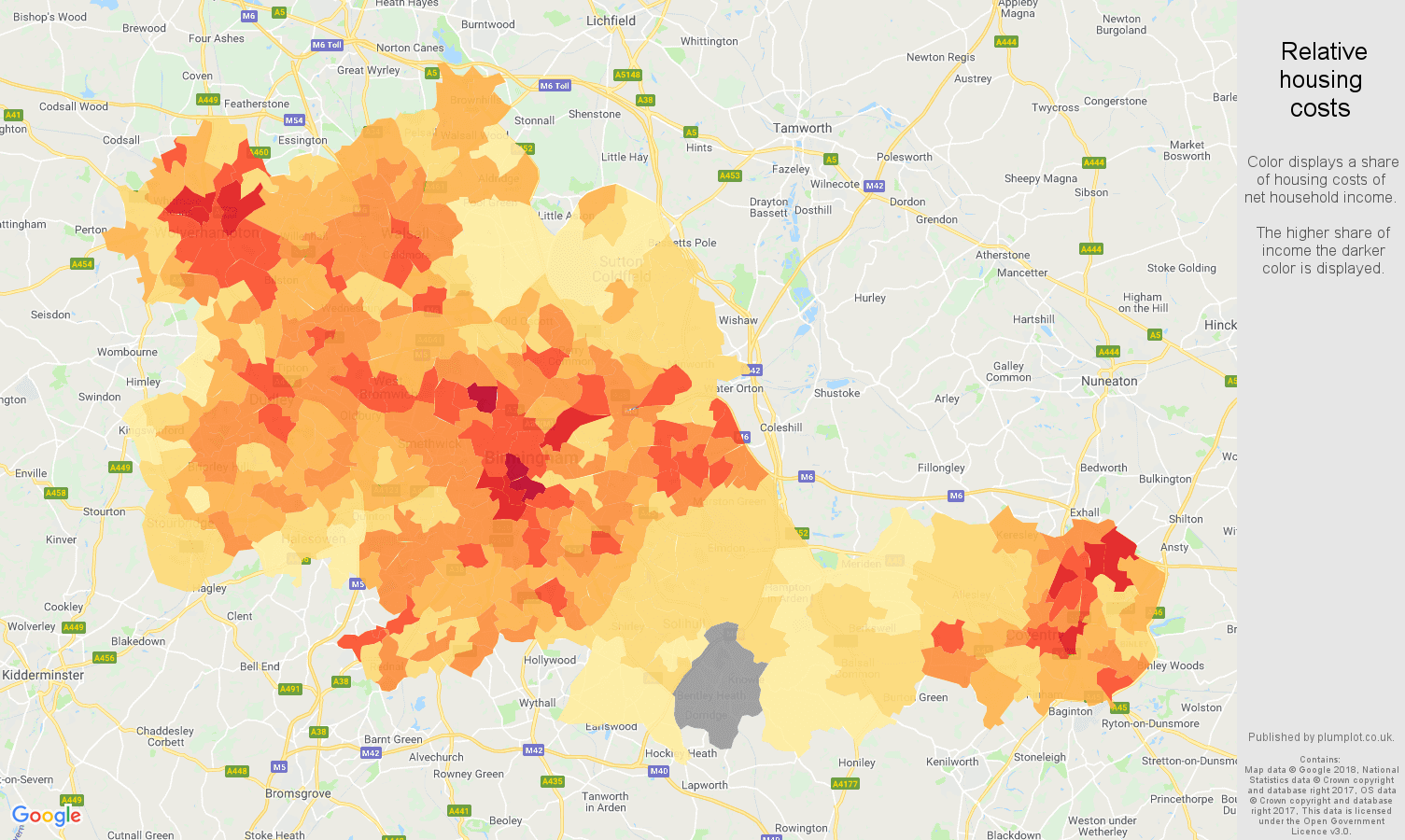 West Midlands county relative housing costs map