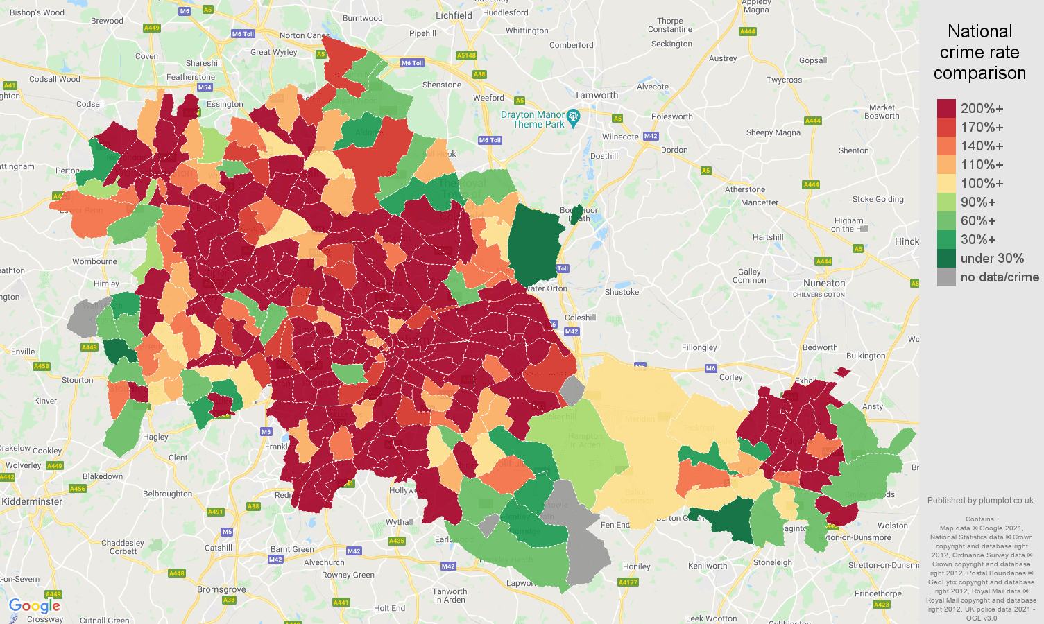 West Midlands county robbery crime rate comparison map