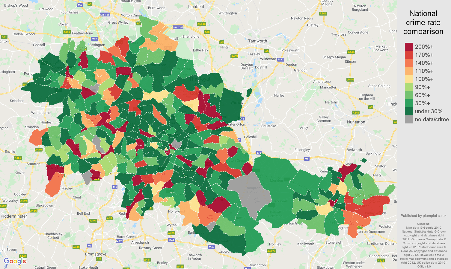 West Midlands county shoplifting crime rate comparison map