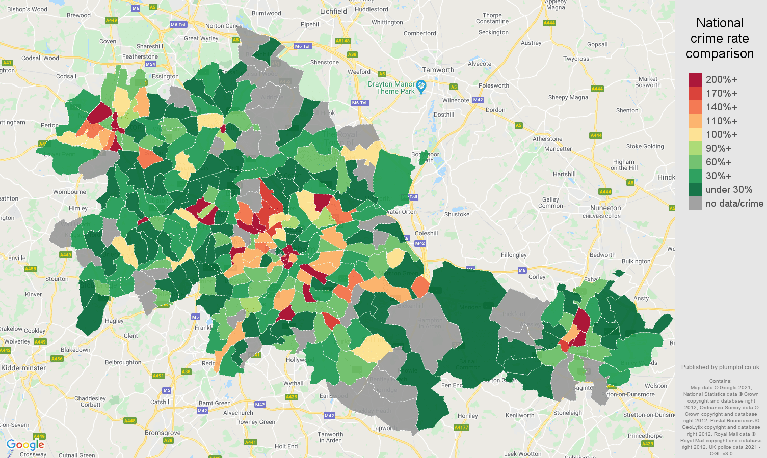 West Midlands county theft from the person crime rate comparison map