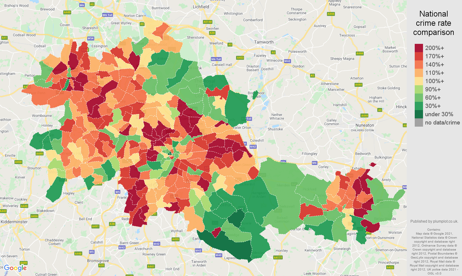 West Midlands county violent crime rate comparison map