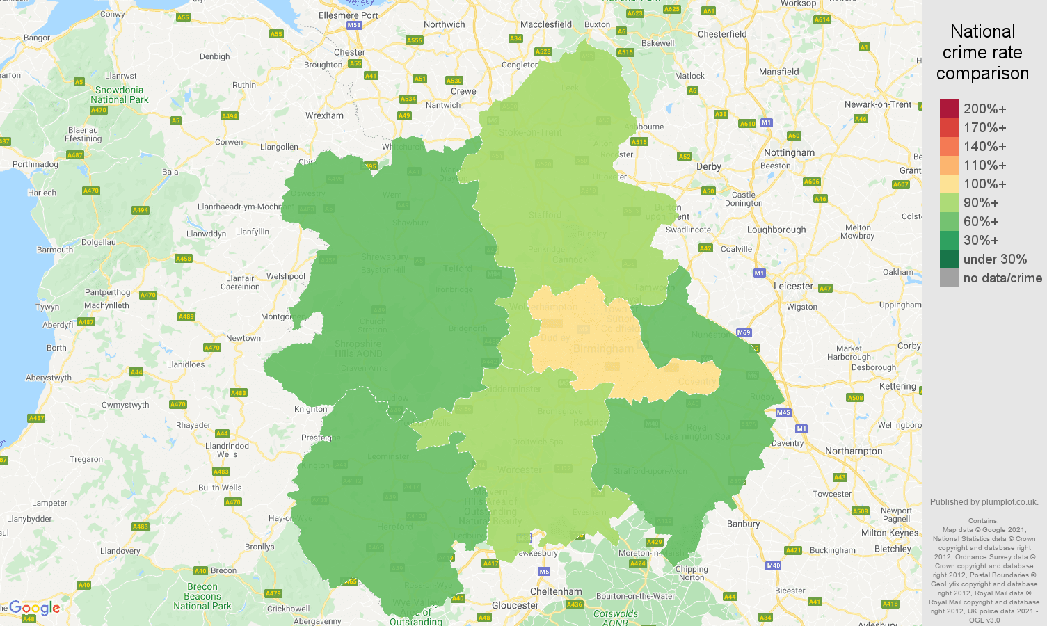 West Midlands criminal damage and arson crime rate comparison map