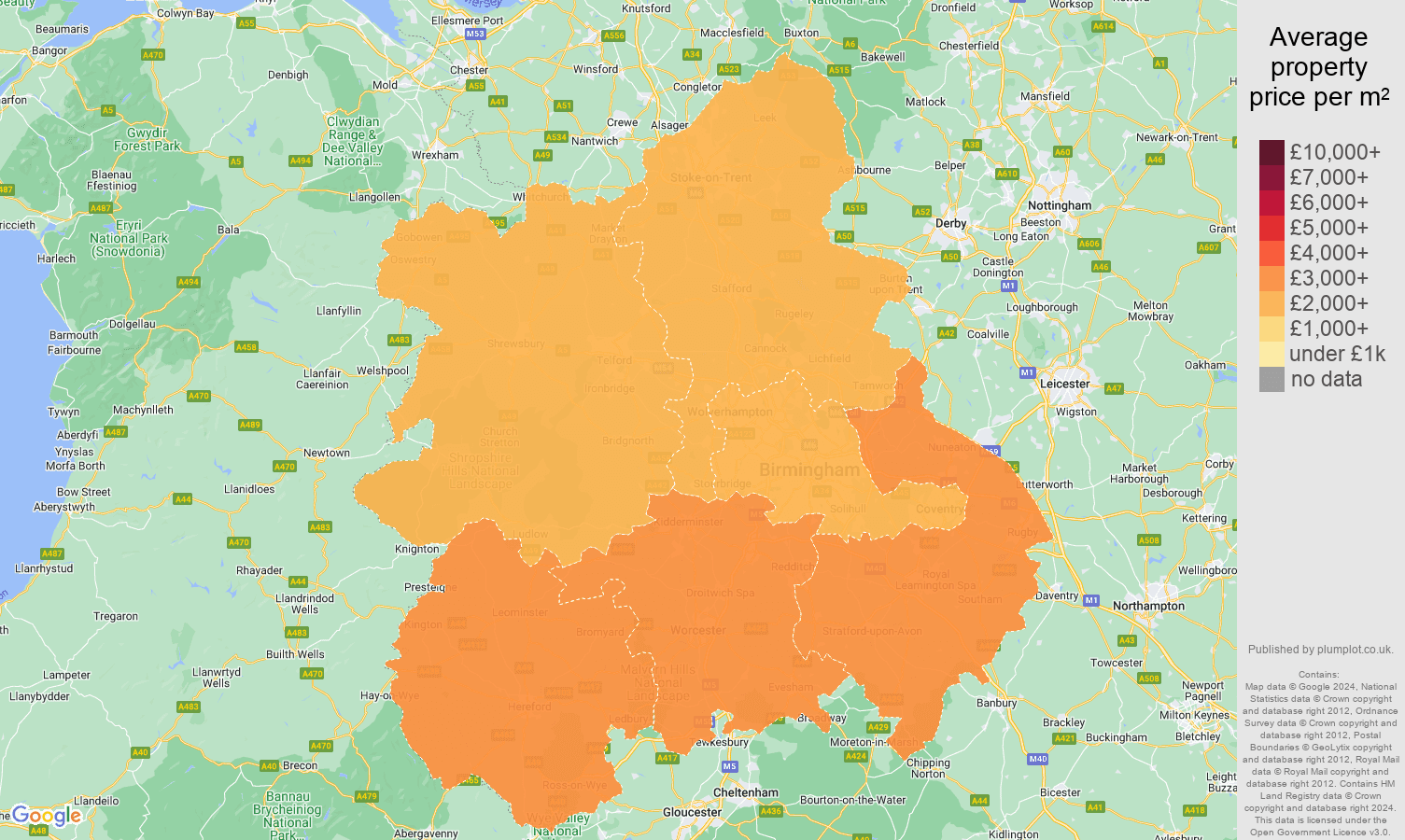 West Midlands house prices per square metre map