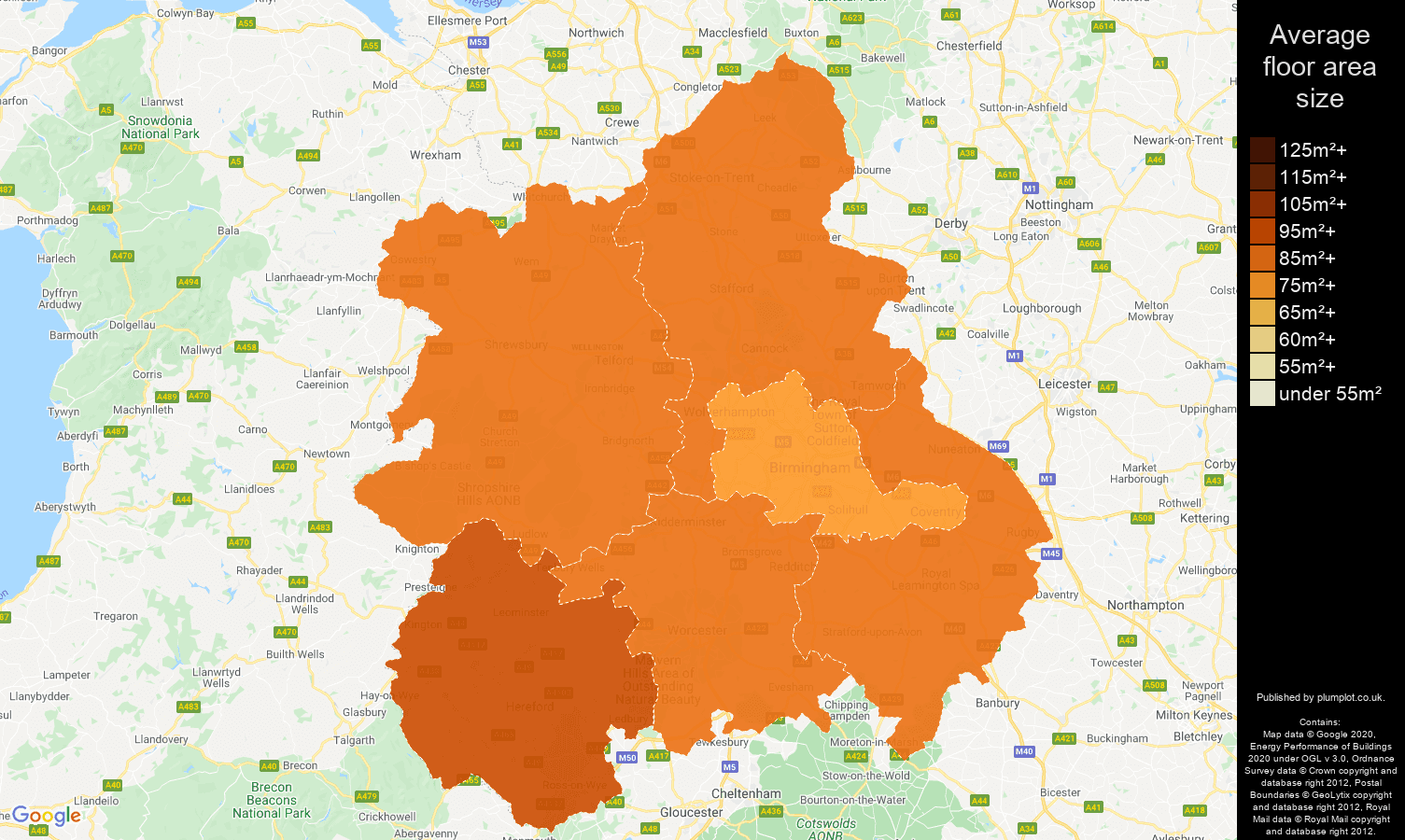 West Midlands map of average floor area size of properties