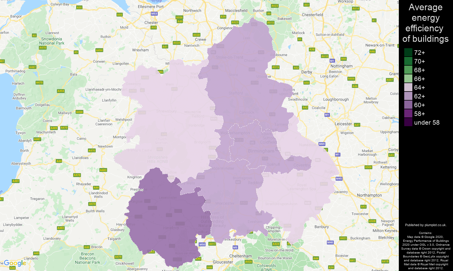 West Midlands map of energy efficiency of properties