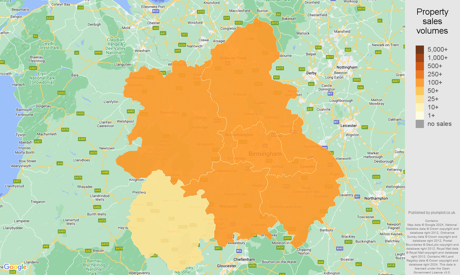 West Midlands map of sales of new properties