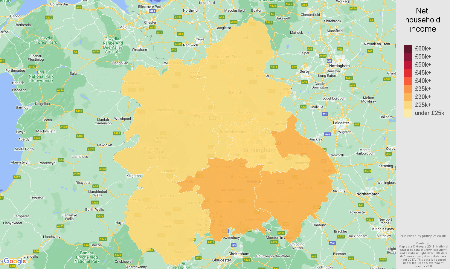 West Midlands net household income map