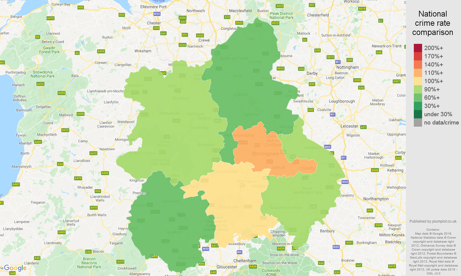 West Midlands possession of weapons crime rate comparison map