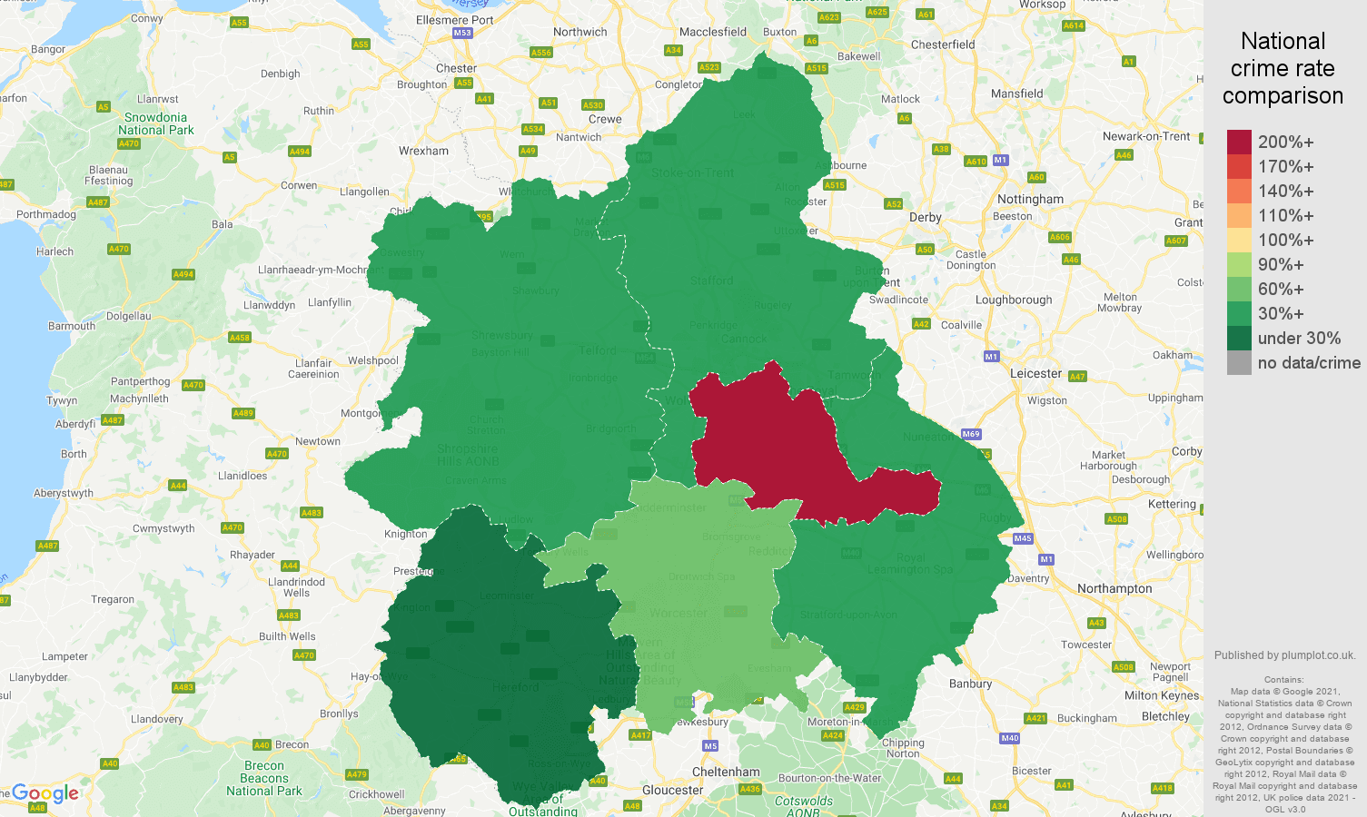 West Midlands robbery crime rate comparison map